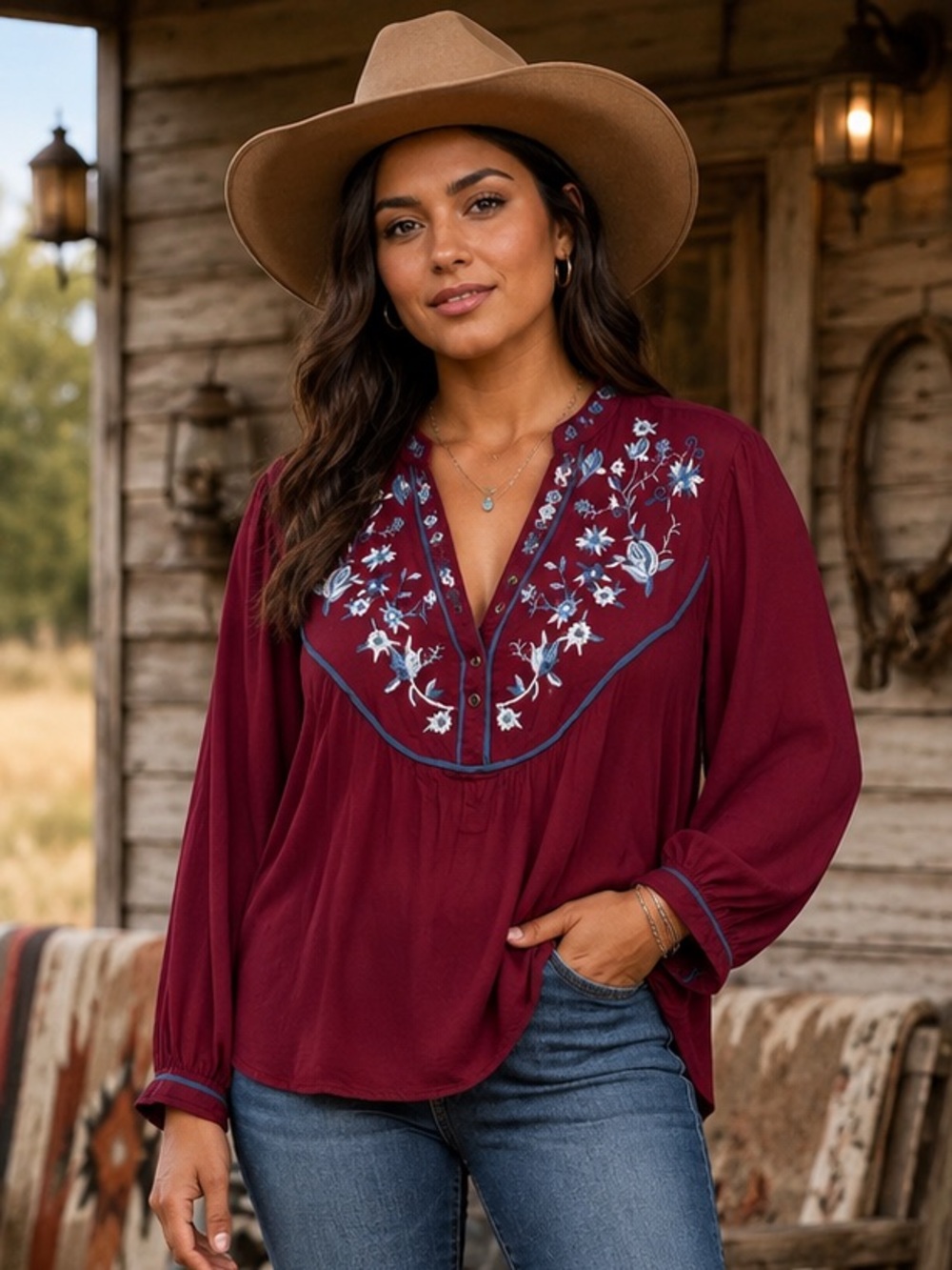 177 JODIFL Wine Embroidered V-Neck Peasant Blouse